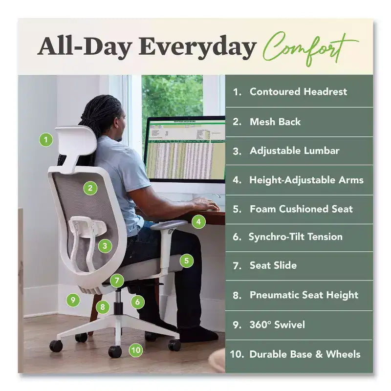 Mesh Back Task Chair Adjustable Height Gray/White
