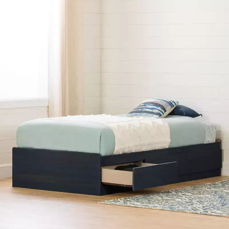 Twin Size Platform Storage Bed with 3 Drawers Blue