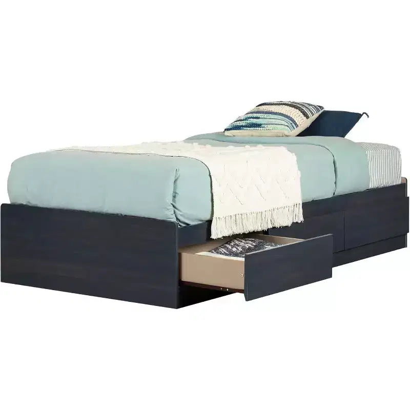 Twin Size Platform Storage Bed with 3 Drawers Blue