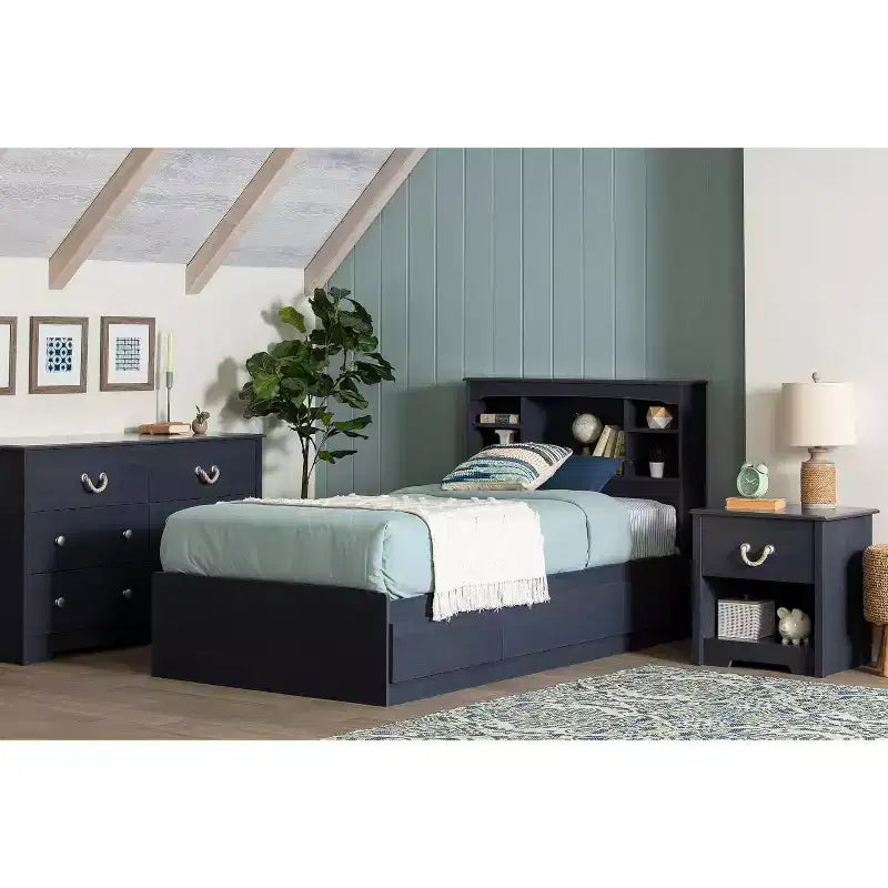 Twin Size Platform Storage Bed with 3 Drawers Blue
