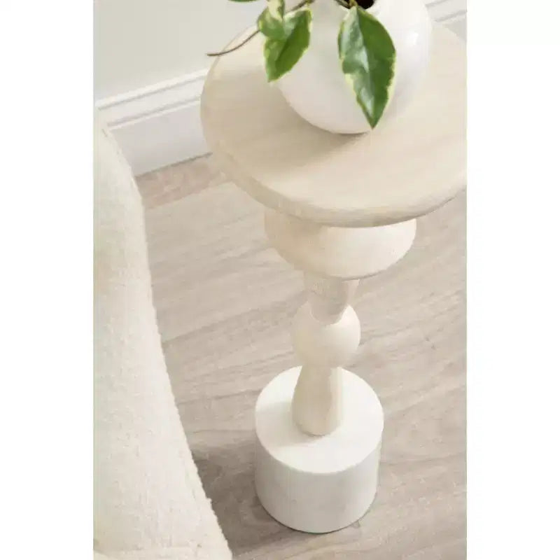 Round Mango Wood Drink Table 9"x22" White Bohemian Style
