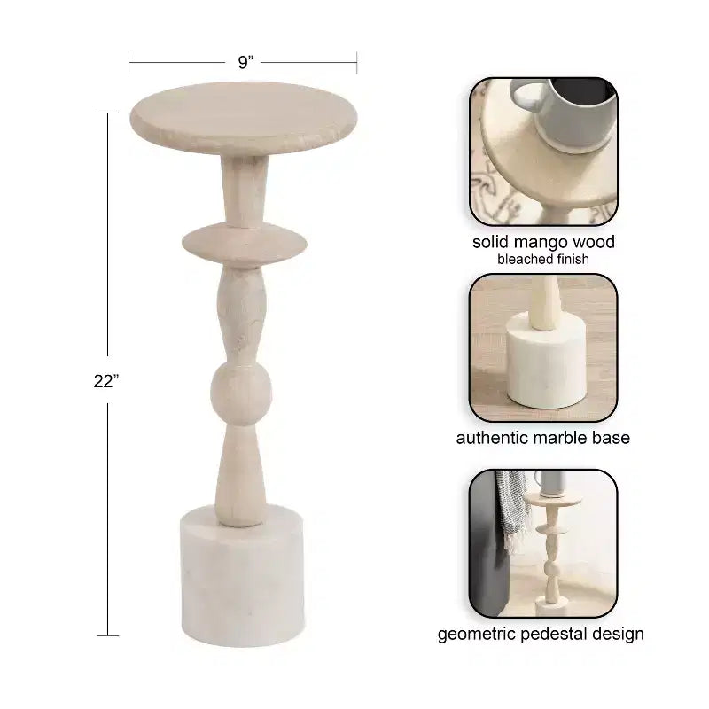 Round Mango Wood Drink Table 9"x22" White Bohemian Style