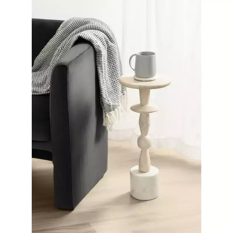 Round Mango Wood Drink Table 9"x22" White Bohemian Style