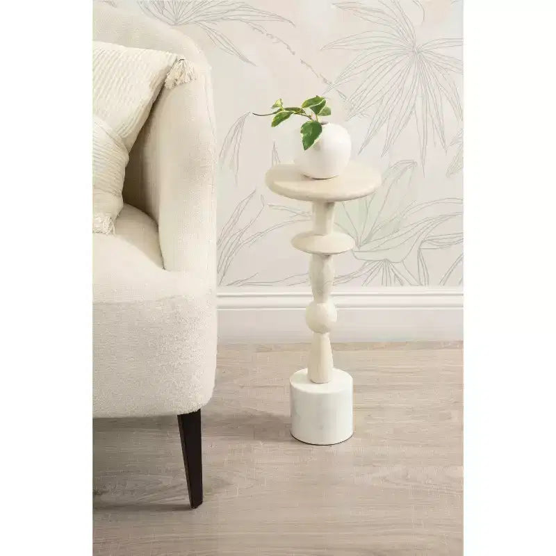 Round Mango Wood Drink Table 9"x22" White Bohemian Style