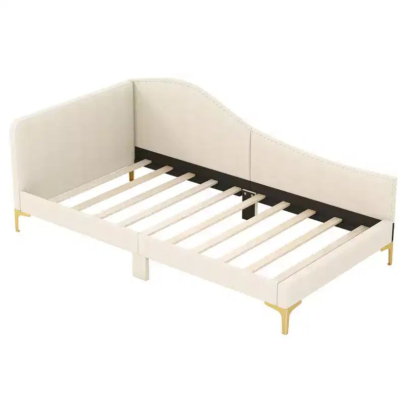Twin/Full Size Upholstered Daybed Rivet-Tufted Platform Bed with Metal Legs Beige