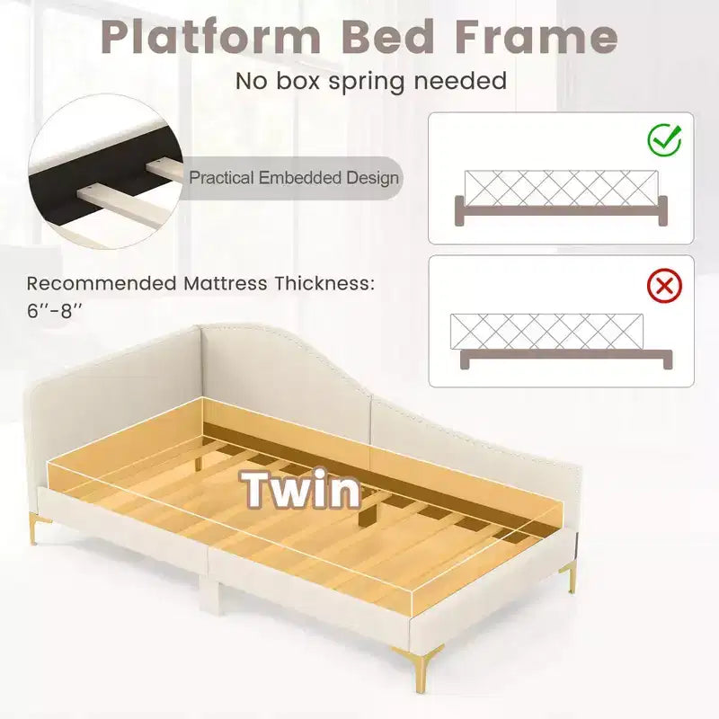 Twin/Full Size Upholstered Daybed Rivet-Tufted Platform Bed with Metal Legs Beige