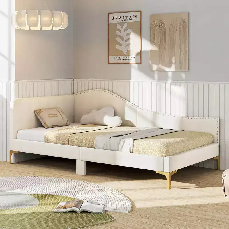 Twin/Full Size Upholstered Daybed Rivet-Tufted Platform Bed with Metal Legs Beige