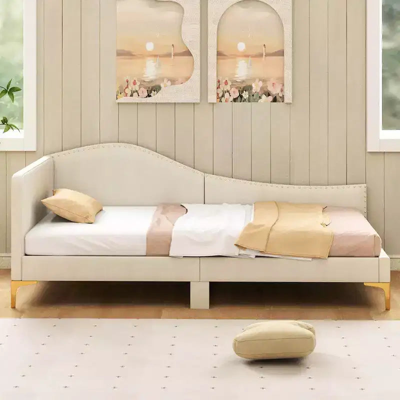 Twin/Full Size Upholstered Daybed Rivet-Tufted Platform Bed with Metal Legs Beige