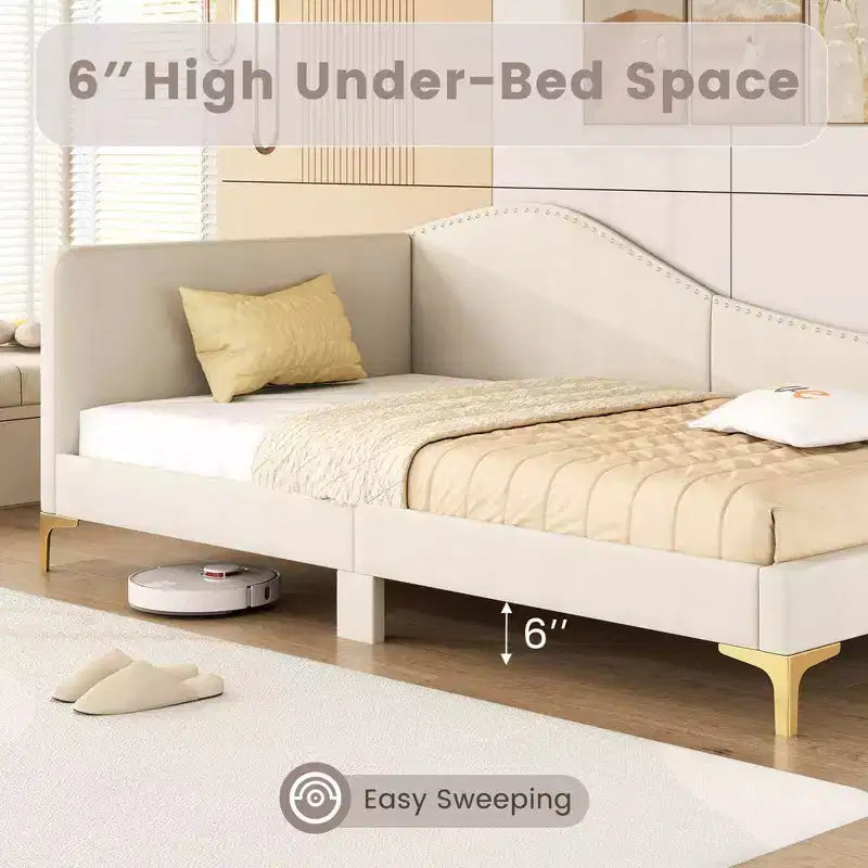 Twin/Full Size Upholstered Daybed Rivet-Tufted Platform Bed with Metal Legs Beige