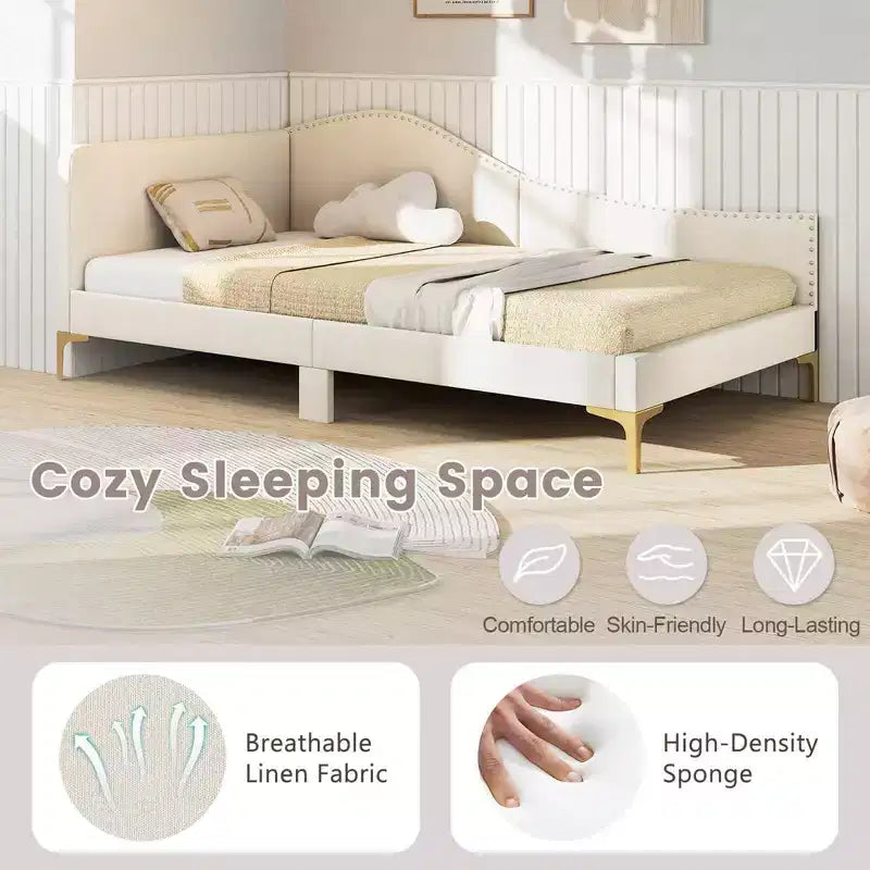 Twin/Full Size Upholstered Daybed Rivet-Tufted Platform Bed with Metal Legs Beige