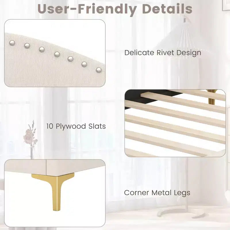 Twin/Full Size Upholstered Daybed Rivet-Tufted Platform Bed with Metal Legs Beige