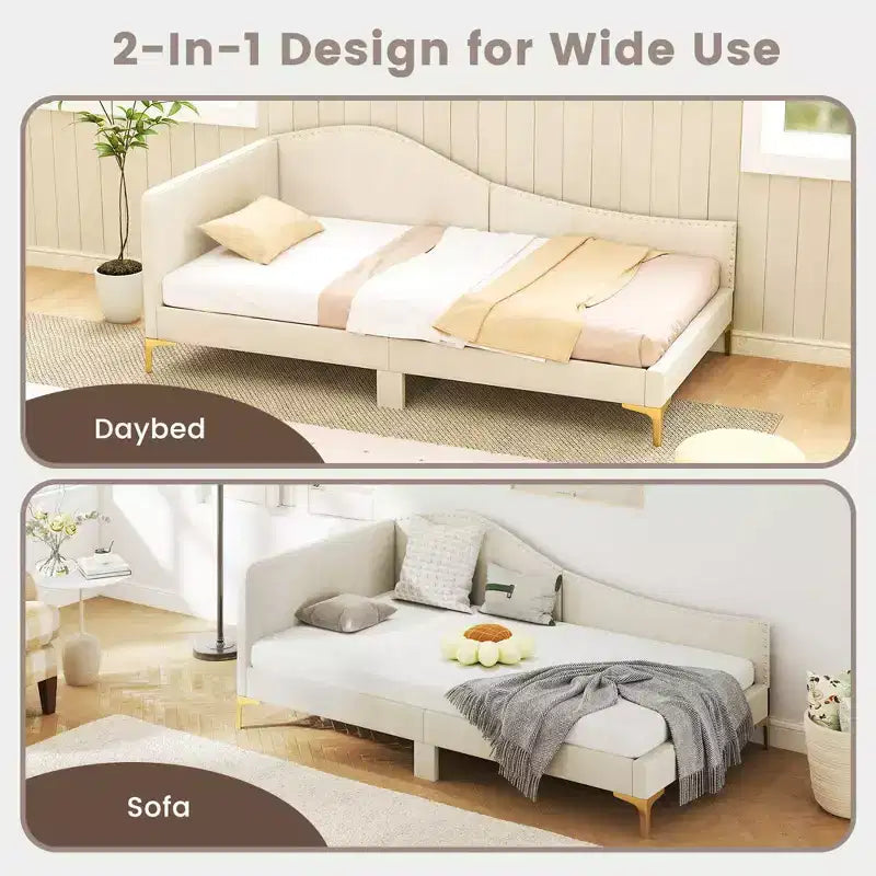 Twin/Full Size Upholstered Daybed Rivet-Tufted Platform Bed with Metal Legs Beige