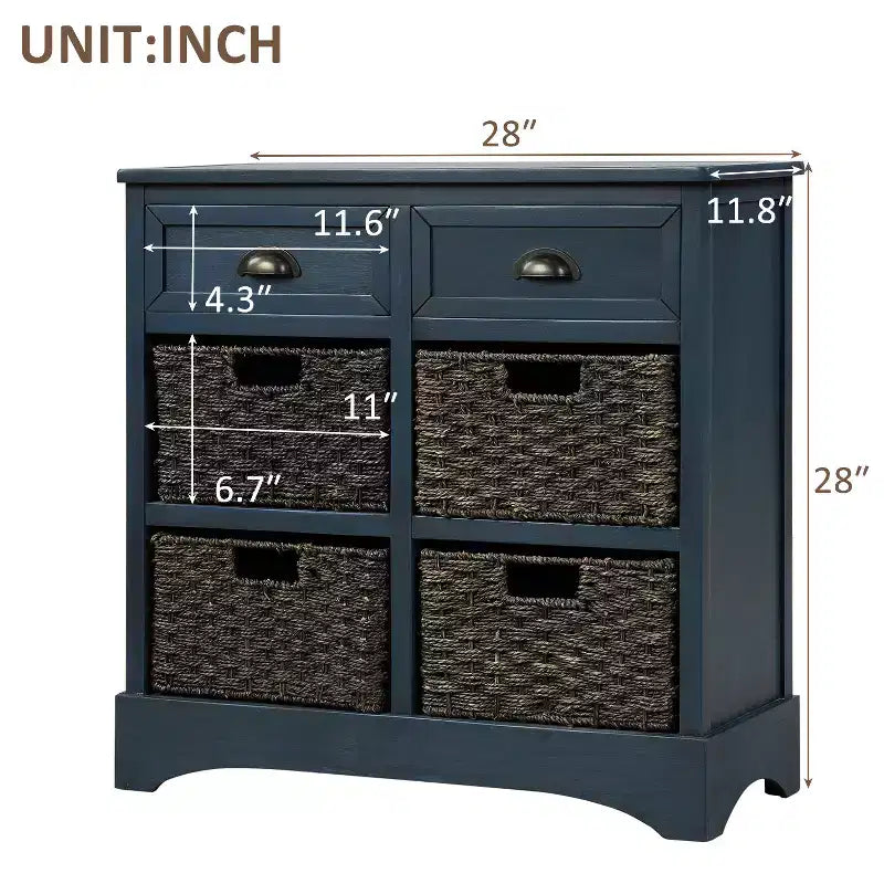 Rustic Storage Cabinet with 2 Drawers and 4 Rattan Baskets