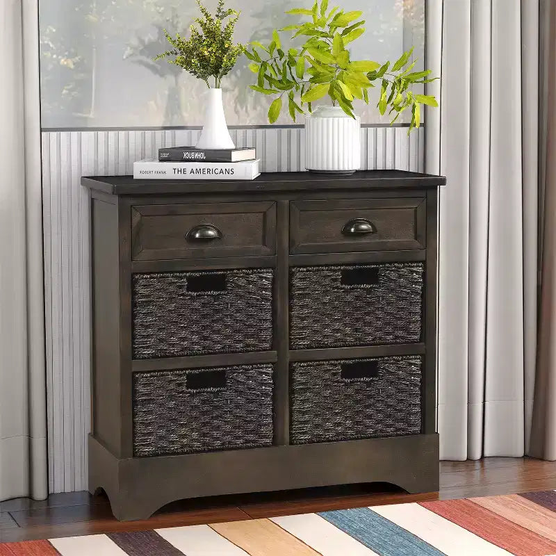 Rustic Storage Cabinet with 2 Drawers and 4 Rattan Baskets