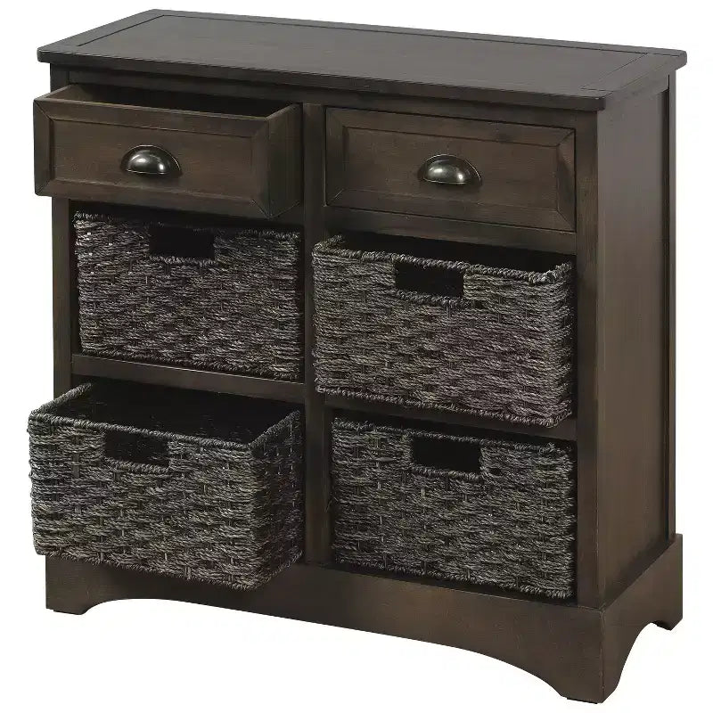 Rustic Storage Cabinet with 2 Drawers and 4 Rattan Baskets