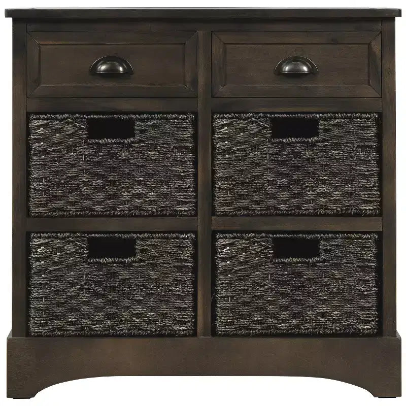 Rustic Storage Cabinet with 2 Drawers and 4 Rattan Baskets