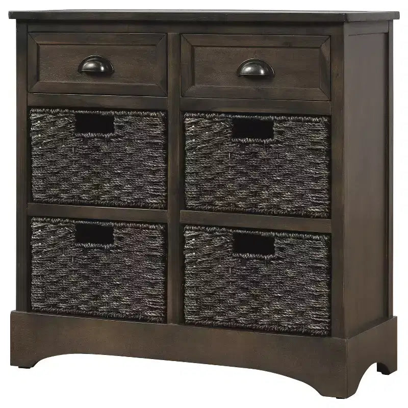 Rustic Storage Cabinet with 2 Drawers and 4 Rattan Baskets