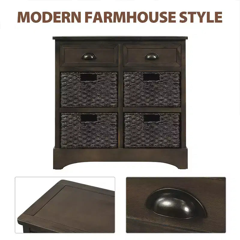 Rustic Storage Cabinet with 2 Drawers and 4 Rattan Baskets