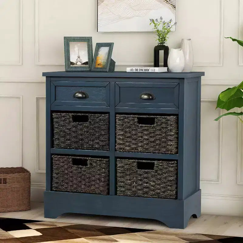 Rustic Storage Cabinet with 2 Drawers and 4 Rattan Baskets
