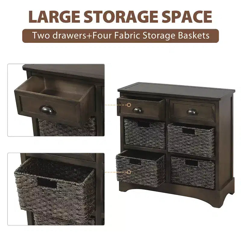 Rustic Storage Cabinet with 2 Drawers and 4 Rattan Baskets