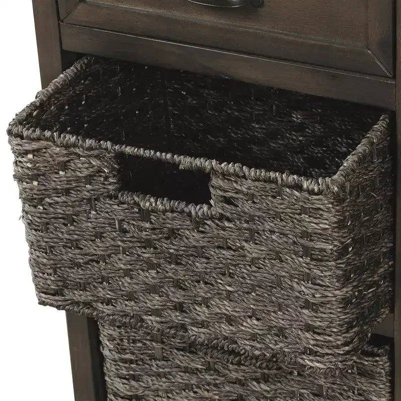Rustic Storage Cabinet with 2 Drawers and 4 Rattan Baskets