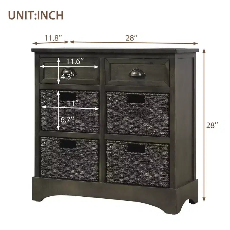 Rustic Storage Cabinet with 2 Drawers and 4 Rattan Baskets