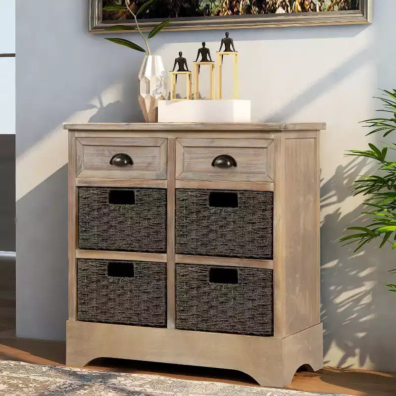 Rustic Storage Cabinet with 2 Drawers and 4 Rattan Baskets