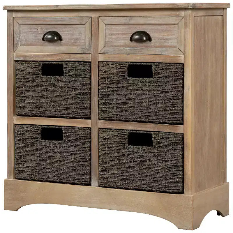 Rustic Storage Cabinet with 2 Drawers and 4 Rattan Baskets