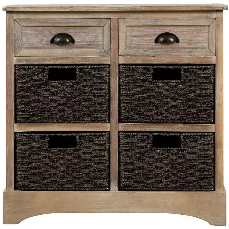 Rustic Storage Cabinet with 2 Drawers and 4 Rattan Baskets