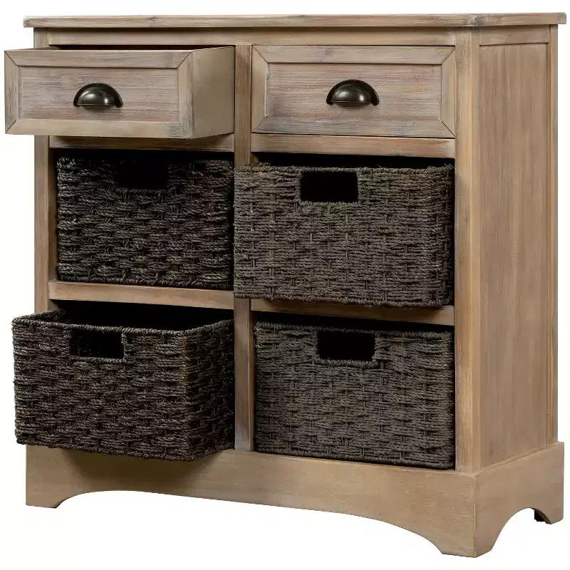 Rustic Storage Cabinet with 2 Drawers and 4 Rattan Baskets