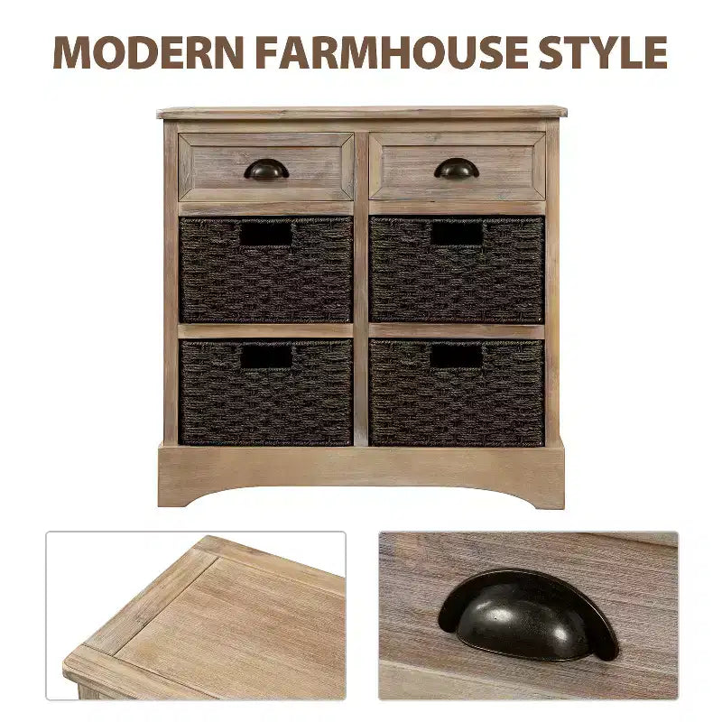 Rustic Storage Cabinet with 2 Drawers and 4 Rattan Baskets