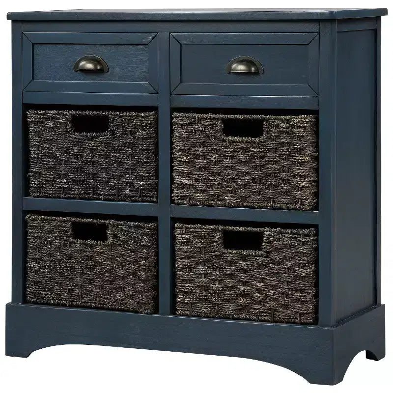 Rustic Storage Cabinet with 2 Drawers and 4 Rattan Baskets