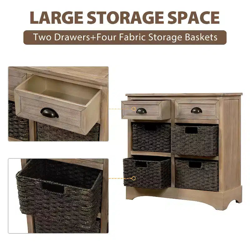 Rustic Storage Cabinet with 2 Drawers and 4 Rattan Baskets