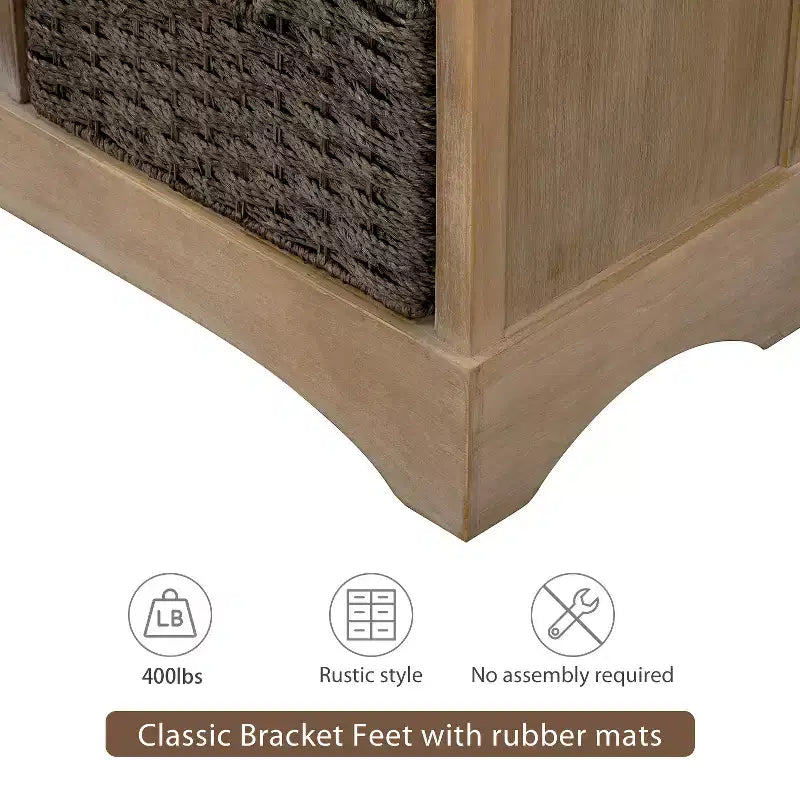 Rustic Storage Cabinet with 2 Drawers and 4 Rattan Baskets