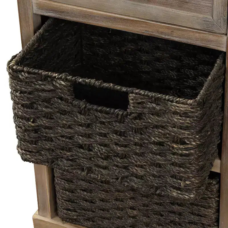 Rustic Storage Cabinet with 2 Drawers and 4 Rattan Baskets