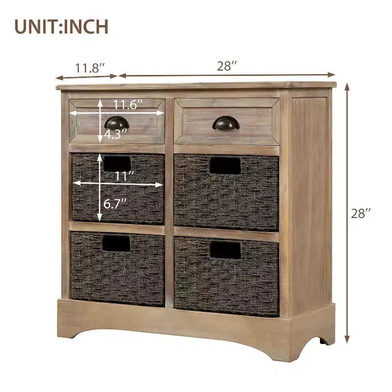 Rustic Storage Cabinet with 2 Drawers and 4 Rattan Baskets