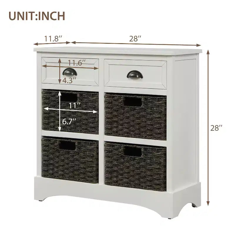Rustic Storage Cabinet with 2 Drawers and 4 Rattan Baskets