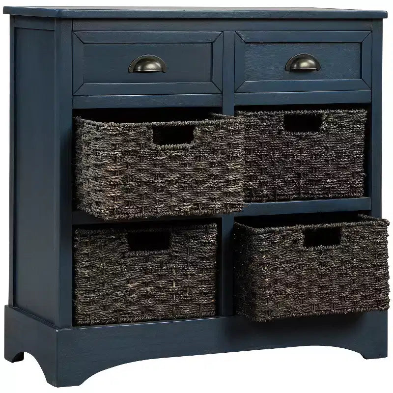 Rustic Storage Cabinet with 2 Drawers and 4 Rattan Baskets