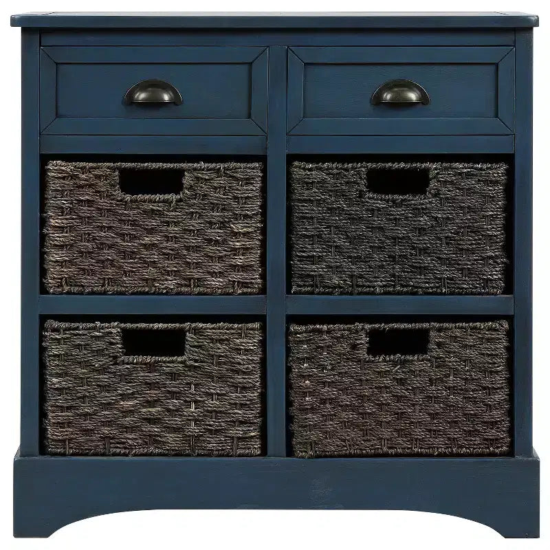 Rustic Storage Cabinet with 2 Drawers and 4 Rattan Baskets