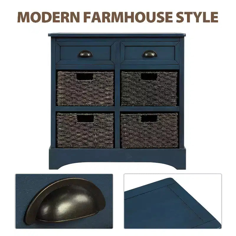 Rustic Storage Cabinet with 2 Drawers and 4 Rattan Baskets