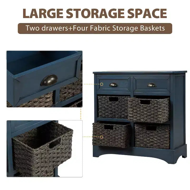 Rustic Storage Cabinet with 2 Drawers and 4 Rattan Baskets