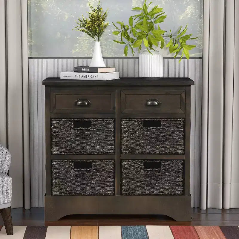 Rustic Storage Cabinet with 2 Drawers and 4 Rattan Baskets