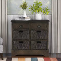 Rustic Storage Cabinet with 2 Drawers and 4 Rattan Baskets