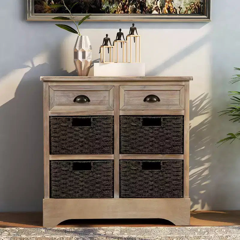 Rustic Storage Cabinet with 2 Drawers and 4 Rattan Baskets