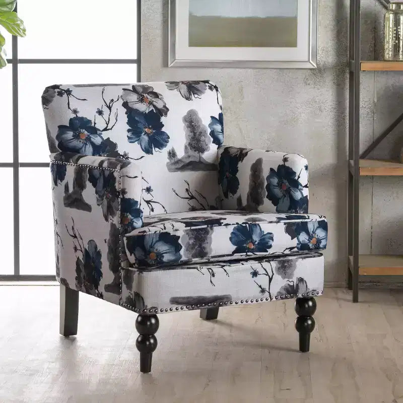 Fauteuil club d'appoint contemporain en tissu capitonné avec clous décoratifs, imprimé floral