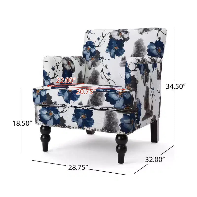 Fauteuil club d'appoint contemporain en tissu capitonné avec clous décoratifs, imprimé floral