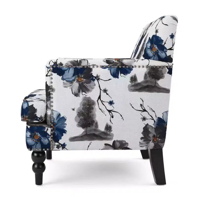 Fauteuil club d'appoint contemporain en tissu capitonné avec clous décoratifs, imprimé floral