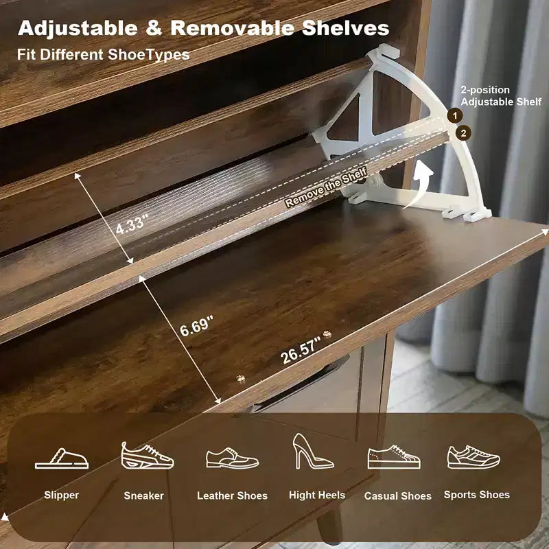 Rangement à chaussures, Meuble de rangement à chaussures autoportant avec 4 tiroirs basculants et design de porte de grange, Commode à chaussures étroite et mince, pour entrée, hall, couloir