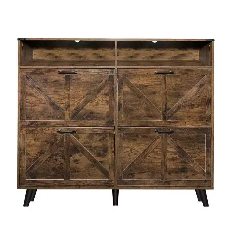 Rangement à chaussures, Meuble de rangement à chaussures autoportant avec 4 tiroirs basculants et design de porte de grange, Commode à chaussures étroite et mince, pour entrée, hall, couloir