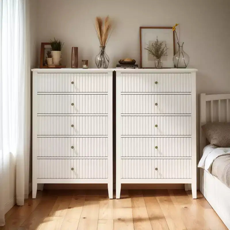 Commode haute 3 ou 5 tiroirs cannelés avec glissières silencieuses pour chambre, salon, couloir, entrée